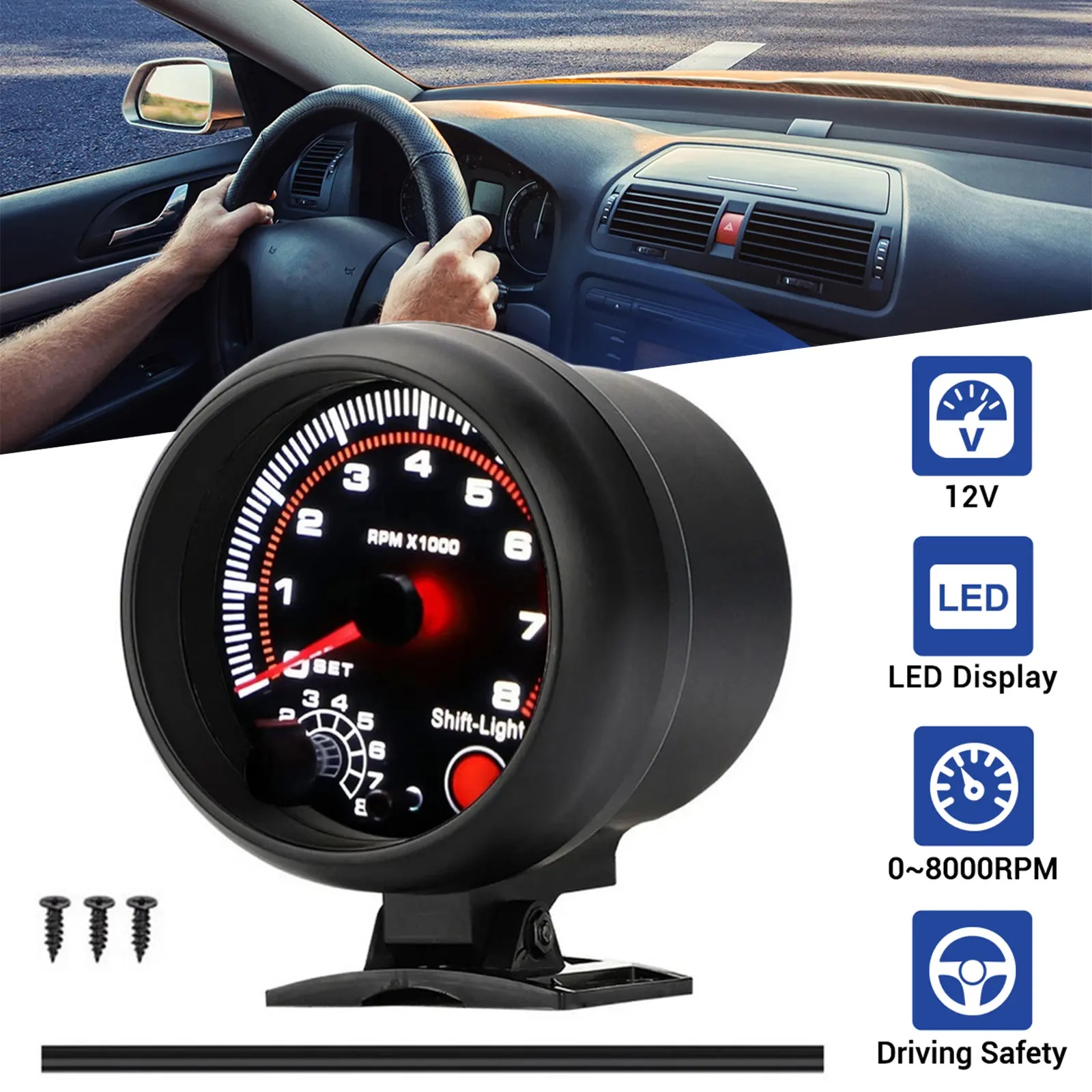 Universal 3.75 in 12V Car Tachometer Gauge with LED Shift Light, 0-8000 RPM - Gasoline Vehicles Only Universal 3.75 in 12V Car Tachometer Gauge with LED Shift Light, 0-8000 RPM - Gasoline Vehicles Only
