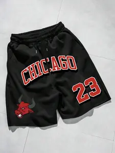 Men's Sporty Casual Sweat Shorts, Chicago Print, Drawstring Waist, Pockets, Comfortable Fabric, Perfect for Court & Street Style