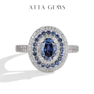 ATTAGEMS 1CT Oval Lab-Created Blue Moissanite Halo Artificial Gemstone Elegant Ring - Multi-Size Moissanite Ring Band, Women's Solitaire Engagement Jewelry for Wedding Anniversary R166,summerwins