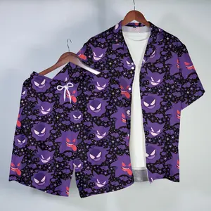 Gengar Hawaiian Shirt Tropical Button Up Shirt Spooky Summer Beach Shorts Ghost Pattern Matching Set Unisex Outfit Gengar Shirt Gifts