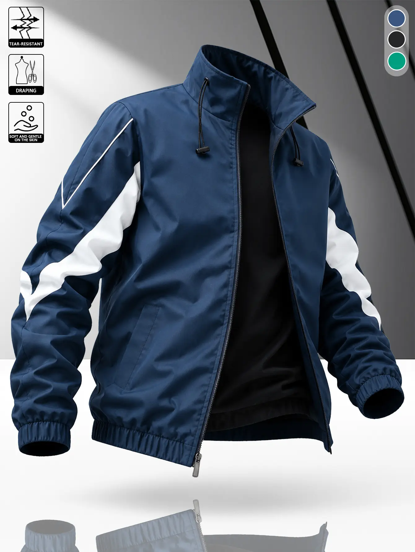 Men’s navy blue athletic jacket with a stand collar featuring wavy design and white contrast stripes; drawstring-adjustable collar for a secure fit; full zip closure; elastic ribbed cuffs and hem; retro track-inspired casual outerwear for spring and autum
