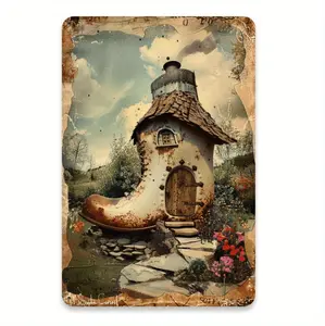 Mystical Castle Vintage Tin Sign Featuring Enchanting Boot House Art for Unique Wall Decor in Home Bar or Cafe 8x12 Inches
