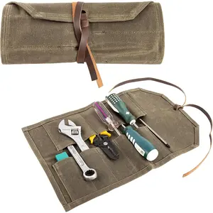 Tool Roll,10Slots Tool Roll Up Pouch,Heavy Duty Waxed Canvas Tool Roll Bag,Chisel Wrench Spanner Roll Tool Pouch with Leather Rope,Tool Roll Organizer for Mechanic Electrician Plumber Carpenter