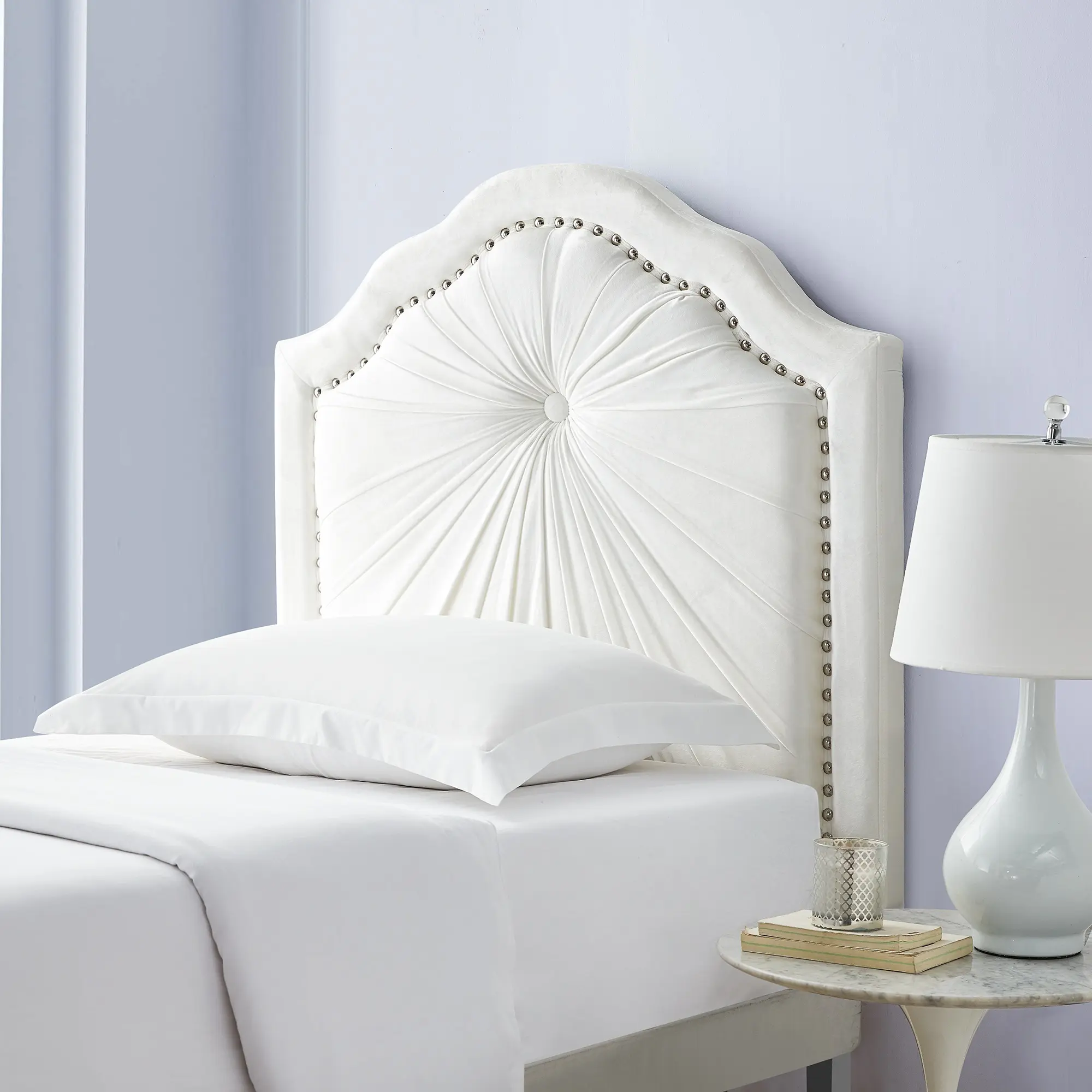 Plush Pleated Double Bevel College Dorm Headboard with Legs - White