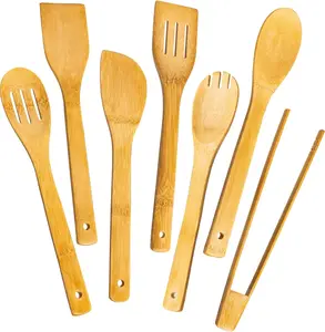 7-Piece Bamboo Cooking Utensils Set - Wooden Set for Cooking-Nonstick and Durable Bamboo Spatula Spoons for Healthy Cooking-Eco-friendly Kitchen Tools