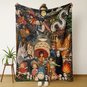 Studio Ghibli All-Characters Blanket, Vintage Watercolor Print, Starry Night Background, Soft & Cozy, Ideal for Miyazaki Fans