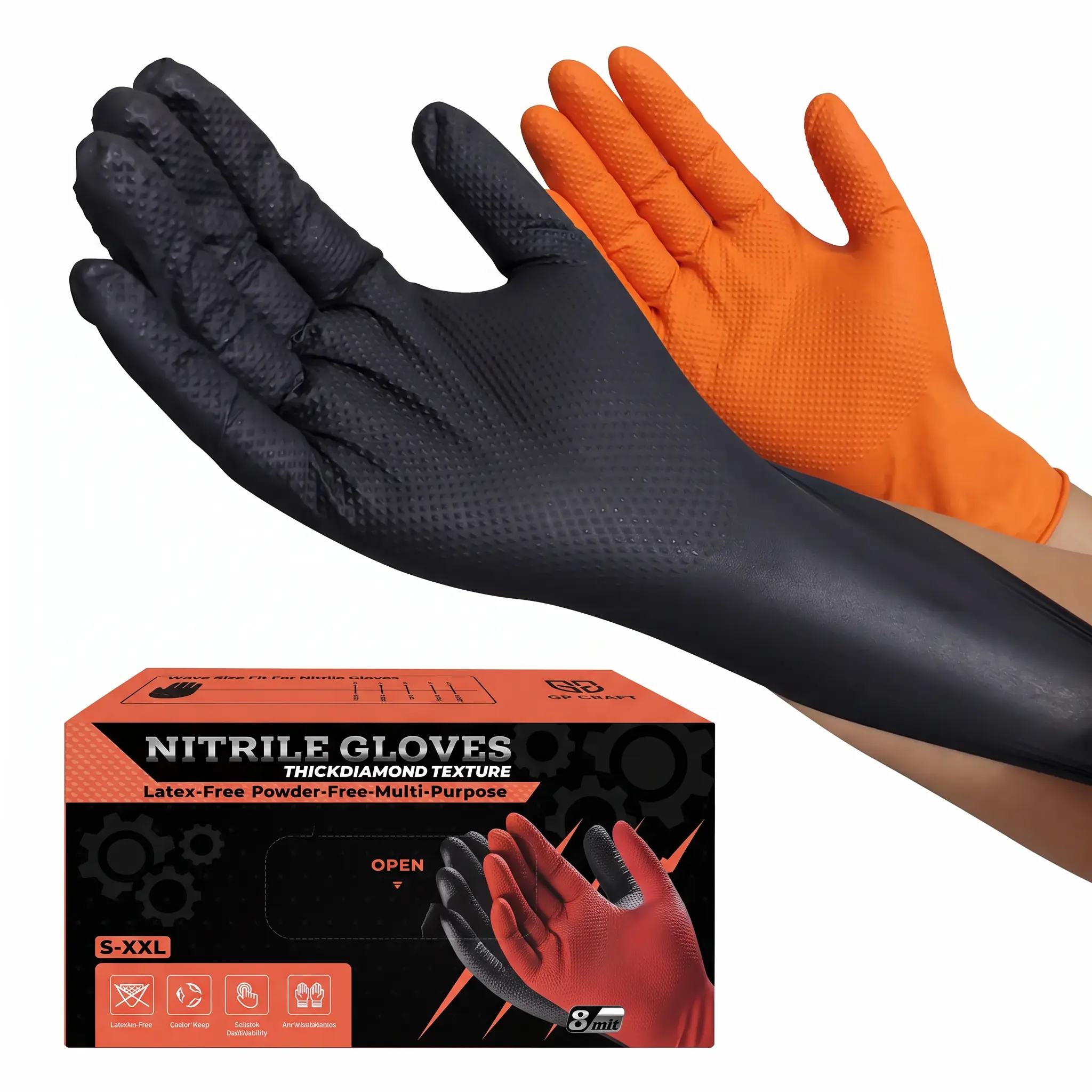 Comfortable Heavy-Duty 8 Mil Black Nitrile Disposable Gloves, Diamond-Textured Grip, Latex-Free, Powder-Free, 50 Gloves Per Box for Industrial & Home Cleaning