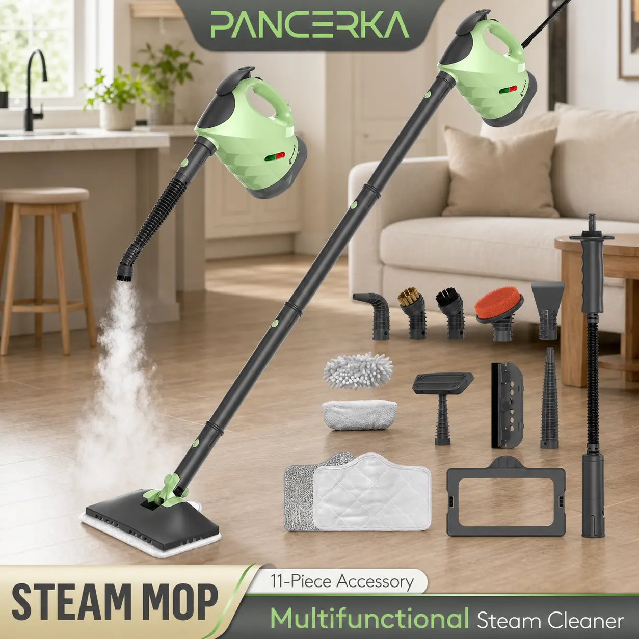 PANCERKA Steam Mop, 11-in-1 Detachable Handheld Steam Cleaner, 10s Fast Heat-Up, 248°F High-Temperature Floor Steamer with 320ml Water Tank, Swivel Mop Head for Hardwood, Tile, Grout, Carpet, Kitchen & Bathroom