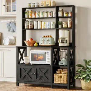 IRONCK Bakers Rack with Power Outlet, 45in Wide Coffee Bar Cabinet with Storage, 6-Tier Kitchen Storage with Doors, Microwave Stand for Kitchen, Dining Room