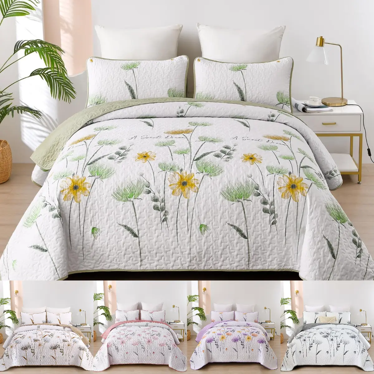 Floral Quilt Set Queen/King,Green Yellow Bedspread Queen Size 3 Pieces Sage Green Bedding Set Summer Fall Quilts Soft Flower Bedspreads White Coverlet Sets for All Season