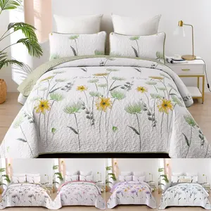 Floral Quilt Set Queen/King,Green Yellow Bedspread Queen Size 3 Pieces Sage Green Bedding Set Summer Fall Quilts Soft Flower Bedspreads White Coverlet Sets for All Season