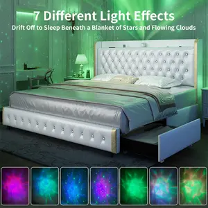 GEGOFORU Queen LED Galaxy Bed Frame with Projector, Bluetooth Speaker & USB Charging, Storage Headboard, PU Upholstered Platform Bed, White, No Box Spring Needed