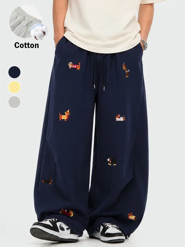 TELLFUN Men's Baggy Jogger Pants - Dog Embroidery, Loose-Fit Barrel Leg, Stretch Fabric, Drawstring Waist, Y2K Streetwear Casual Bottoms, Baggy Sweatpants