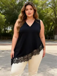 Plus Size Women's V Neck Lace Patchwork Irregular Strapless Vest Top, Casual Summer Fashion, Comfortable and Stylish