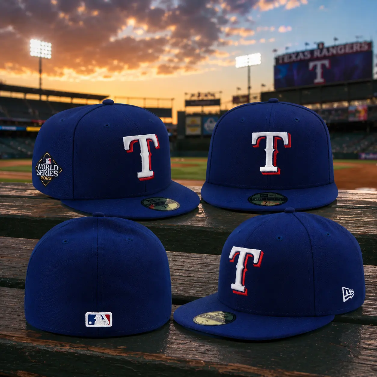 Texas Rangers New Era 59FIFTY Fitted Hat – Royal Blue Flat Brim Cap with 2023 World Series Side Patch | Premium Baseball Hat