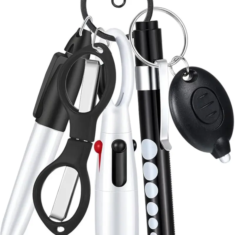 6 Piece Nurse Badge Work Set Includes Nurse Badge Reel, Permanent Marker, LED Pen Light, Retractable Ballpoint Pen, Foldable Scissors, LED Flashlight, Nursing Badge Reel, Nurse Badge Holder