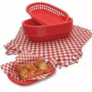 Fast Food Baskets with Checkered Deli Liners, 10 Reusable Plastic Serving Baskets + 100 Grease-Resistant 12" Papers, Burger & Hot Dog Tray Set for Parties, BBQ, Restaurants (Red Baskets)
