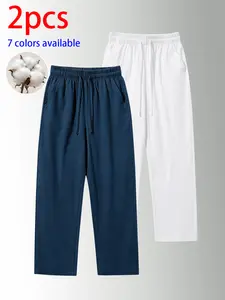 2-pack men’s pure cotton long pants: loose straight casual pants and sweatpants, featuring a drawstring waistband design. Available in multiple colors. Suitable for home lounging, daily commuting, outdoor walks, short trips, camping, and other casual acti