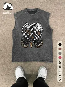 Men's Vintage Graphic Print Round Neck Tank Top, Regular Fit Casual Fashion Sleeveless Top for Summer, Men's Clothes for Daily Wear, Socks