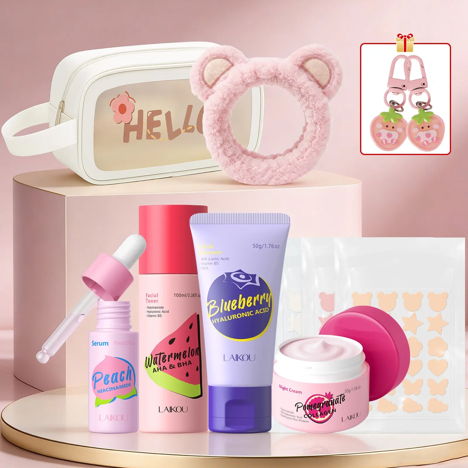 LAIKOU Fruit Extract Teen Skincare Set, Blueberry Cleanser, Peach Serum, Pomegranate Night Cream & Strawberry Lip Mask, Gentle Hydrating Brightening Moisturizing Skin Care for Teens & Young Skin Moisturizer, Essential Skin Set