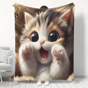 Cute Big-Eyed Kitten Blanket – Soft Fleece Throw Blanket for Couch, Bed, Home Decor & Cat Lovers