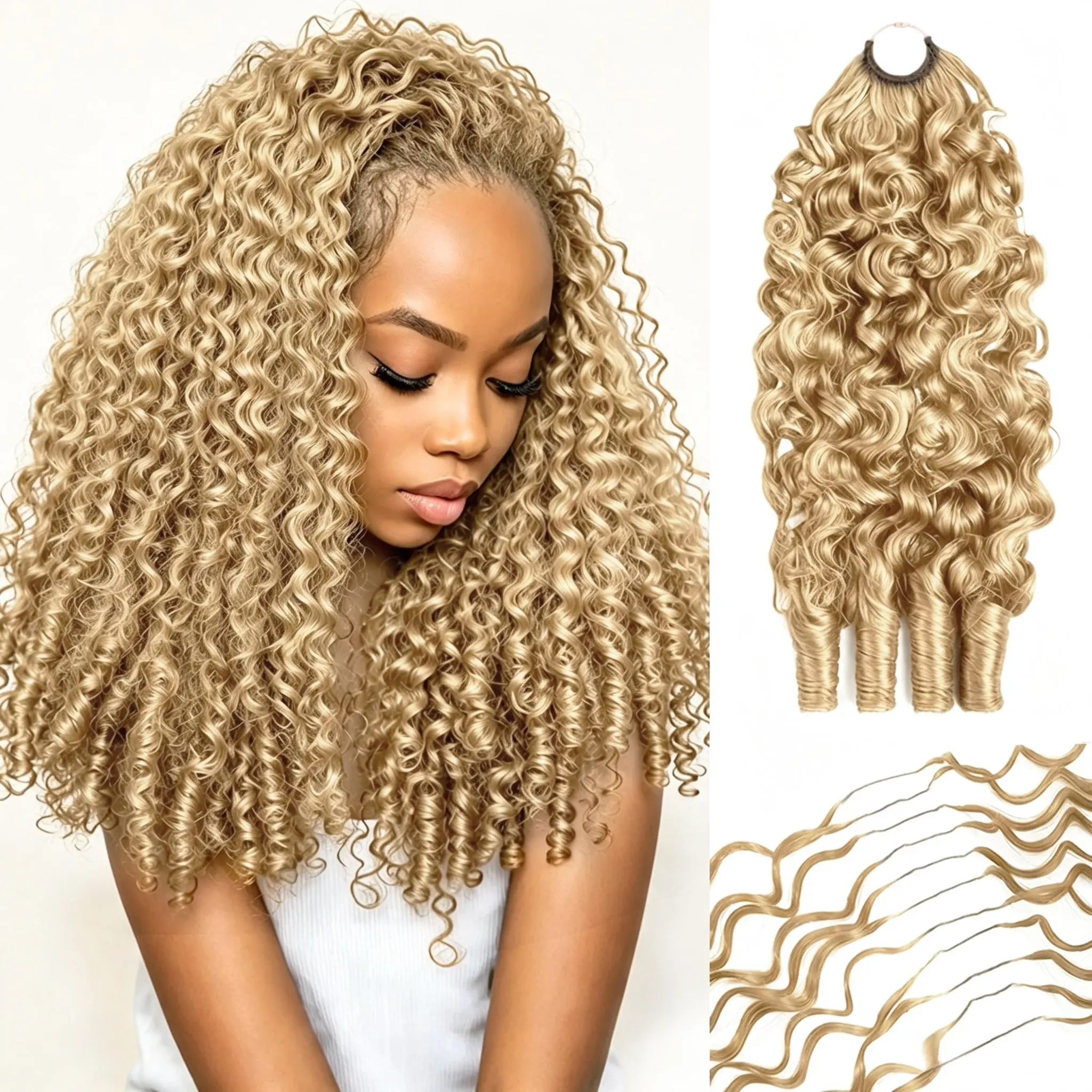 Bling Hair 613 Blonde Burmese Curly Golden Color Feather Crochet Lightweight 100% Raw Virgin Human Hair Bulk Pre-Separated Tangle-Free No Shedding Seamless Micro Invisible Easy Fast Install Extensions for Knotless Boho Braids 50g per Pack