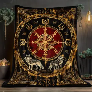 Retro Viking Totem Print Portable Blanket - Lightweight Flannel Throw for Sofa Bed Travel Camping Livingroom Office Couch Chair and Bed-Digital Printing Blanket with Soft and Warm Flannel