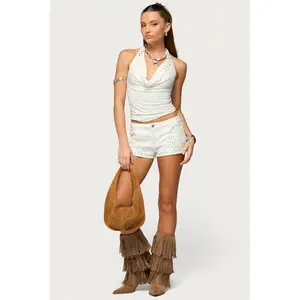 Studded Patchwork Low Rise Denim Shorts