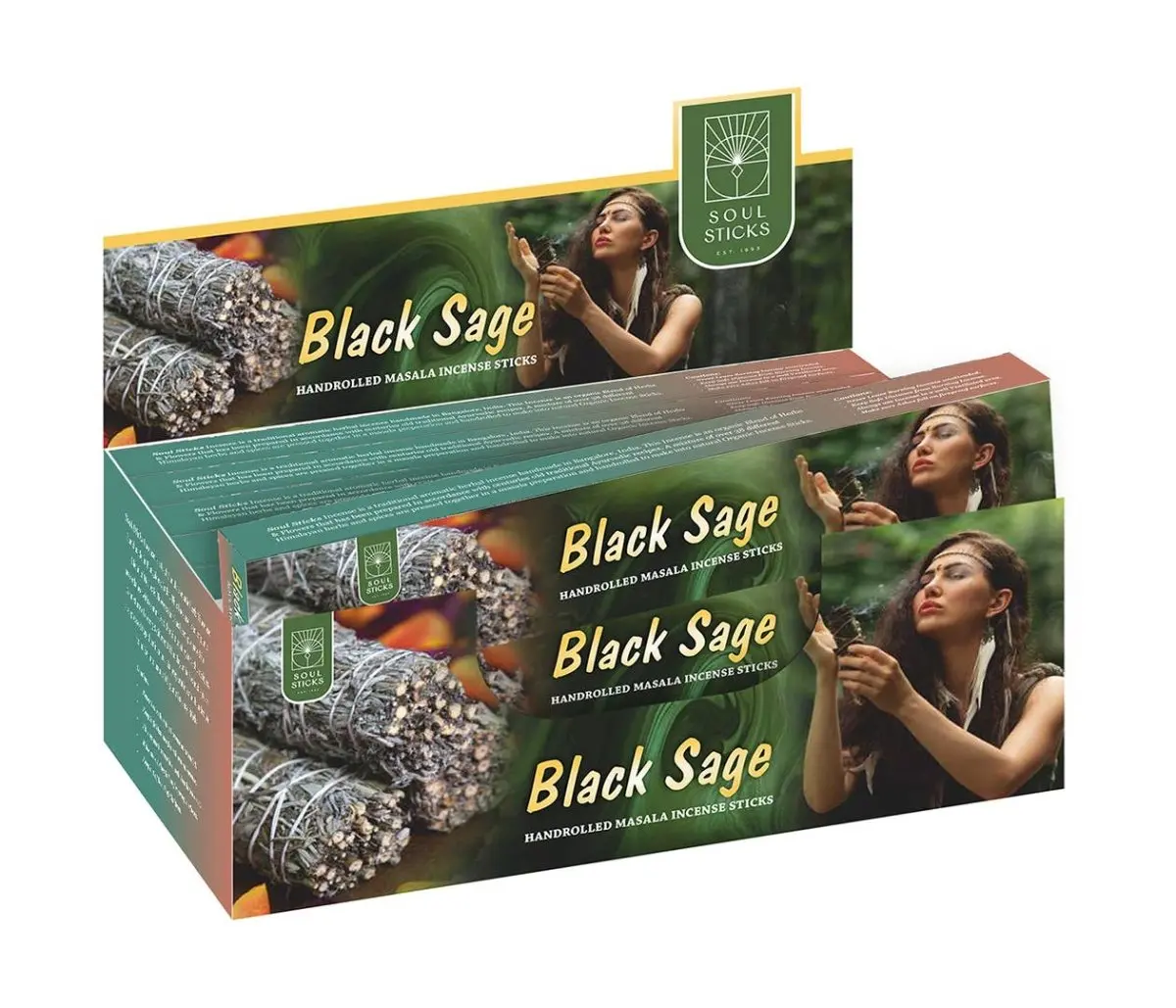 Soul Sticks Black Sage Hand-Rolled Masala Incense 15 g Box of 12 Sticks for Meditation Protection and Cleansing Natural Himalayan Herbs Flowers and Resins