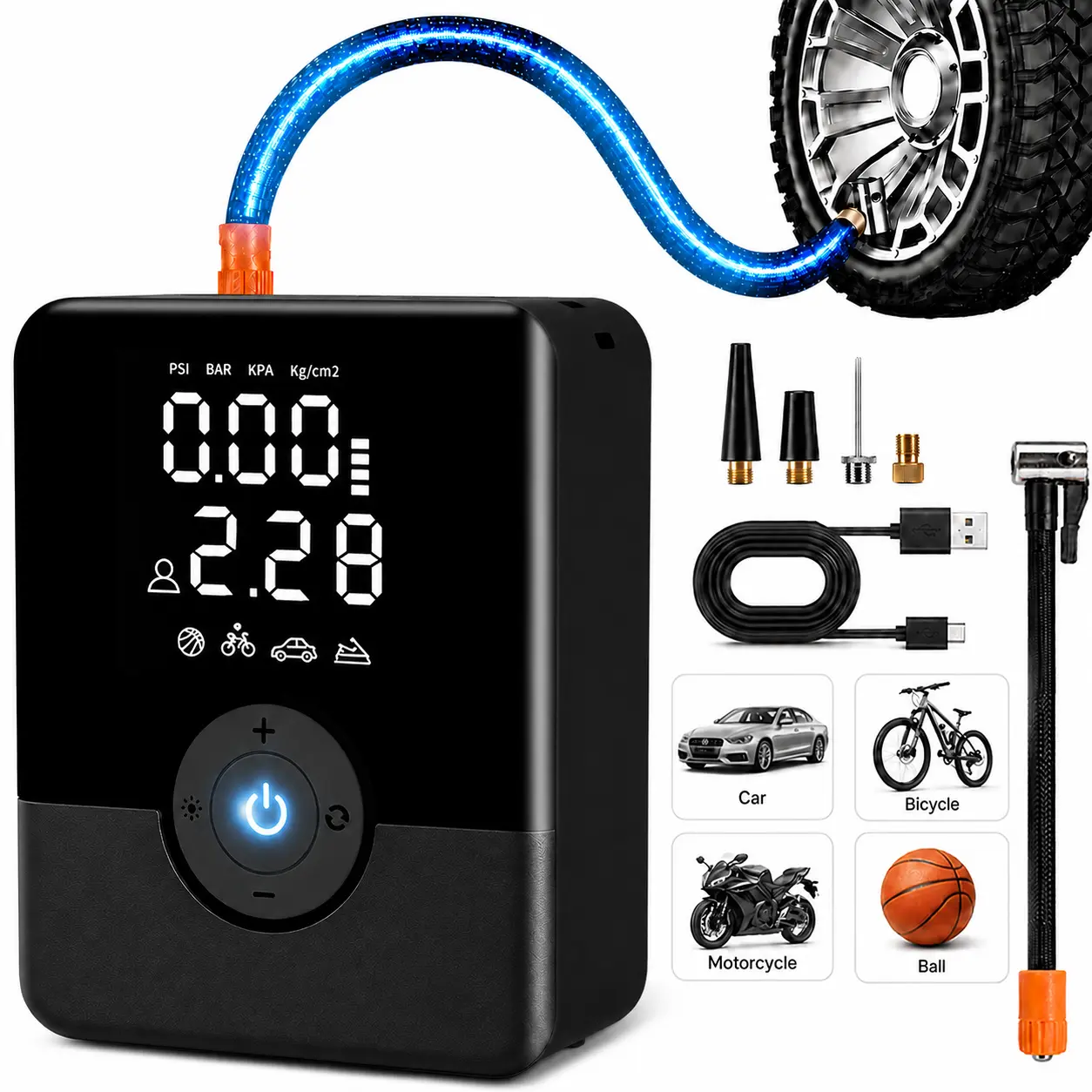 Portable Tire Inflator Air Compressor, Quick Wireless Air Pump, With Digital Display Screen, LED Light, USB Charging, Includes Multi-Function Nozzle Adapter, Lithium Battery, Suitable For Car, Motorcycle, Bicycle Tires, Balls, Car Parts