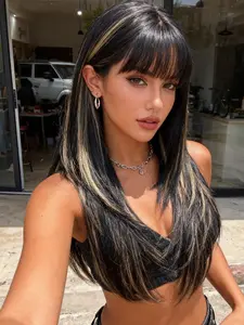 Black Blonde Highlight Layered Long Straight Synthetic Wig With Full Bangs, Natural Heat Resistant Full Head Hair Wig For Daily Wear Premium Synthetic Wigs Synthetic Machine Wigs