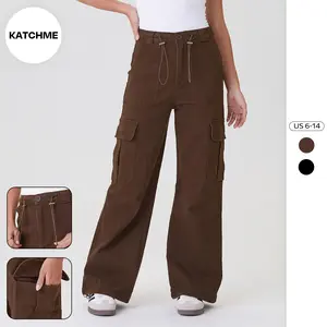 KatchMe Women's Versatile Mid-Rise Toggle Waist Cargo Pocket Wide Leg Trousers, Minimalist Multi-Pocket Soft Cargo Pants, Classy Womenswear