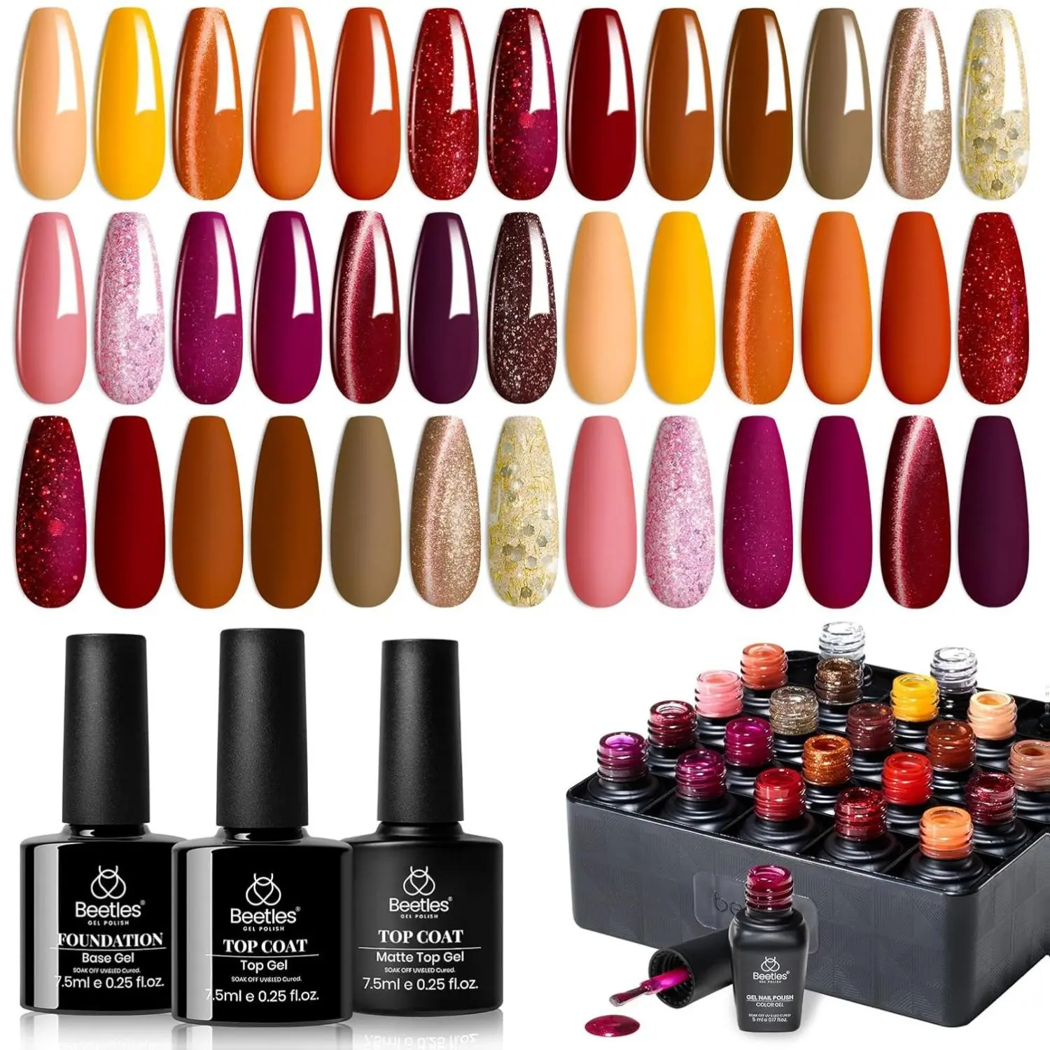 [Beetles] 5-20 Colors Gel Nail Polish Set - Autumn Aura Gel Polish Kit Burgundy Red Brown Yellow Orange Purple Cat Eye & Glitter Soak Off UV LED Manicure with Base Glossy Matte Top Coat Gift for Women