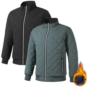 Men's Plaid Checked Stylish Quilted Stand-Collar Long-Sleeve Warm Zip-Up Casual Jacket Tops for Everyday Wear