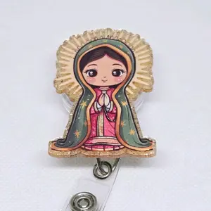 Virgin of Guadalupe Mexico Glitter Acrylic Retractable Badge ID Reel Belt or Alligator Clip identification supply