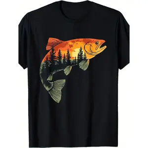 Men's fishing and wilderness Graphic T-Shirt - Short Sleeve Crew Neck Regular Fit Casual Wear | Soft & Breathable Fabric, Durable Print, Everyday Comfort, Machine Washable, retro outdoor illustration with nature-inspired design a trout fish featuring a