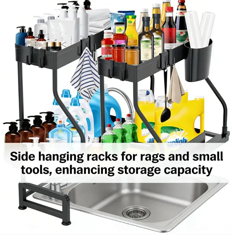 Under Sink 2-Tier Sliding Organizer with Frame, Pull-Out Storage Basket, Space-Saving for Kitchen, Bathroom, Laundry Room