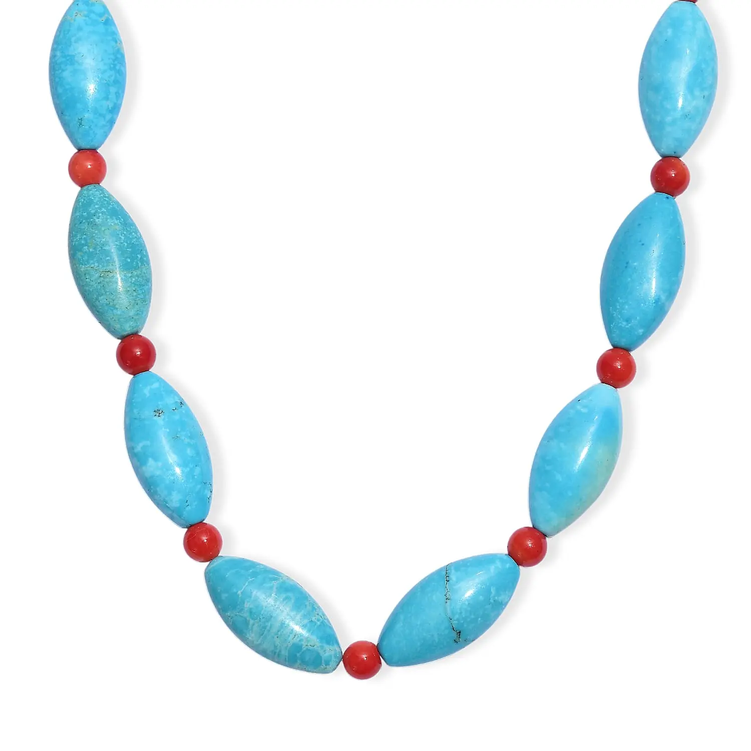 Dyed Blue Magnesite and Mediterranean Coral 375.00 ctw Beaded Necklace in Platinum Over 18 Inches
