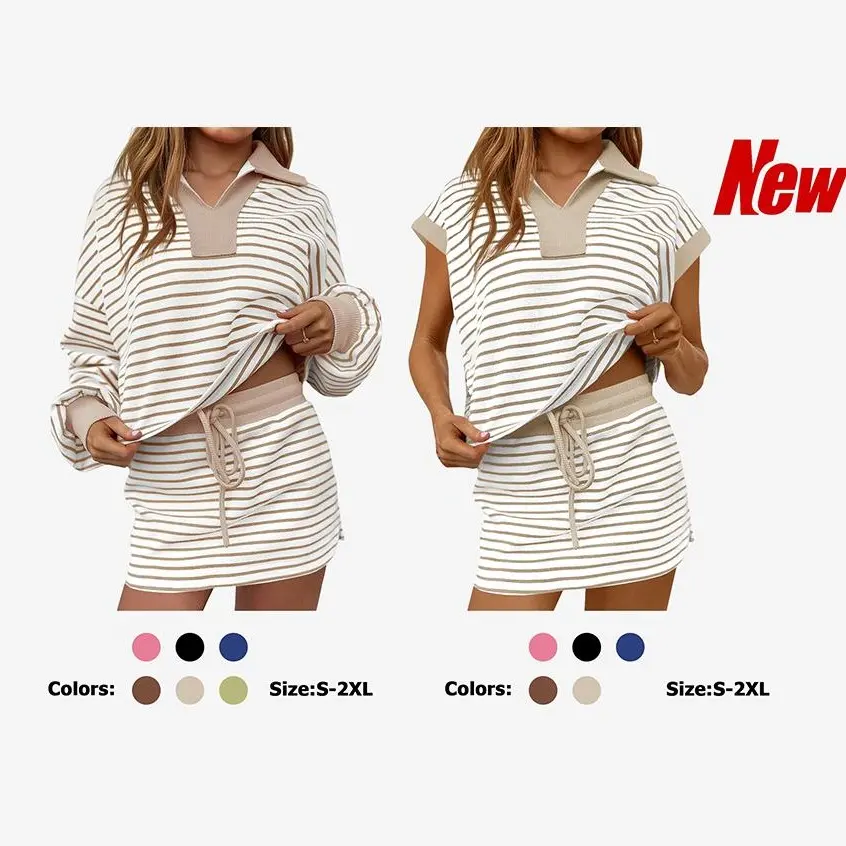 Fisoew Striped 2 Piece Outfits Casual Sweatshirt Skirt Set Long Sleeve Skort Workout Set Matching Lounge Sets Women's Matching Sets Women #SummerVibes #TikTokShopHolidayHaul #TikTokShopJumpstartSale Fabrics Elastic two piece set Elegance Shorts