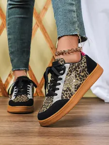 New Patchwork Leopard Women's Casual Trainer Shoes, Breathable Comfort Low Top Skateboard Sneakers, Ideal for Parties, Beach, Camping, Dating, Sports Shoes