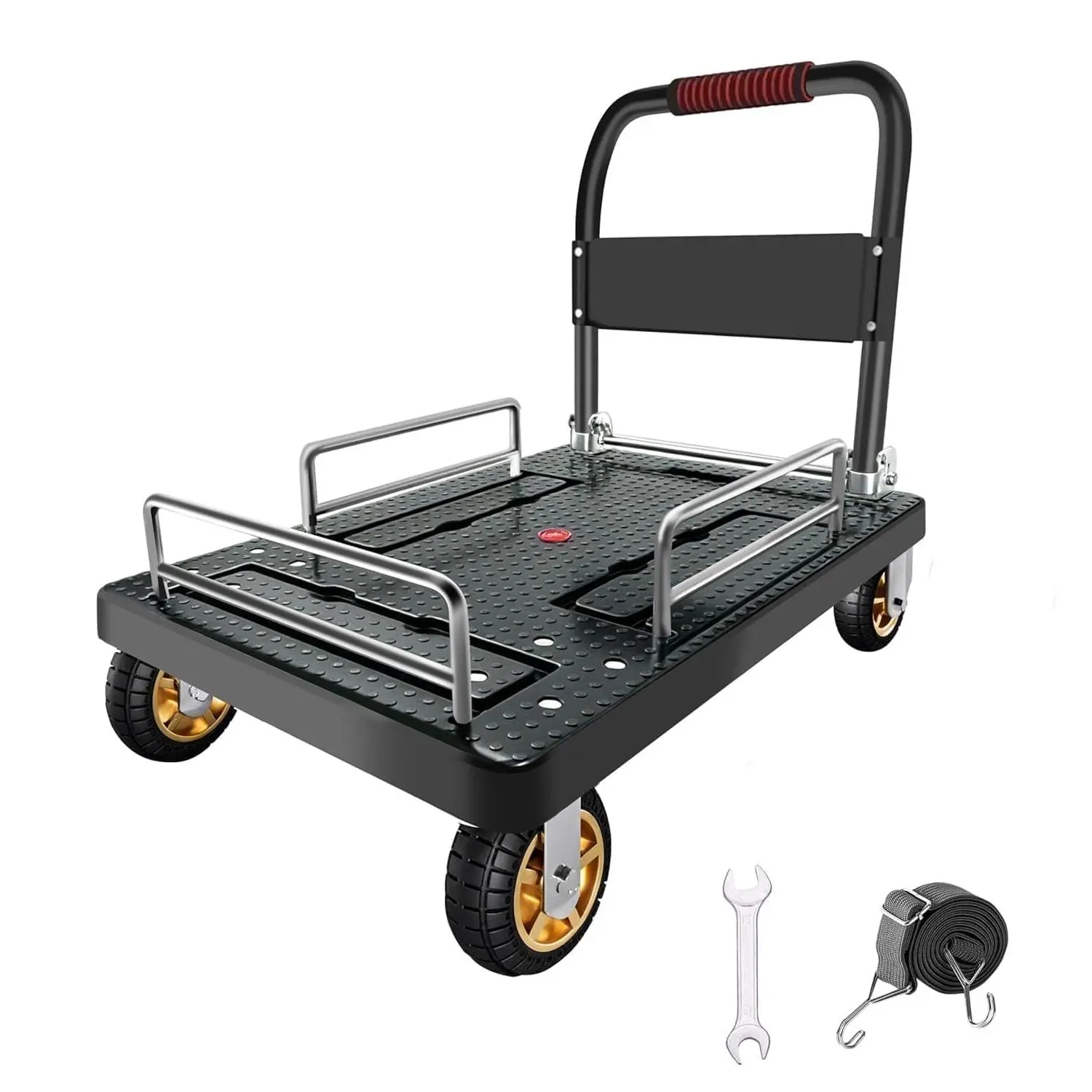 Garvee Heavy-Duty Platform Cart with Folding Guard Rails | 36 x 24 in Flatbed Trolley, 4-Wheel Warehouse Utility Truck for Moving - Standard