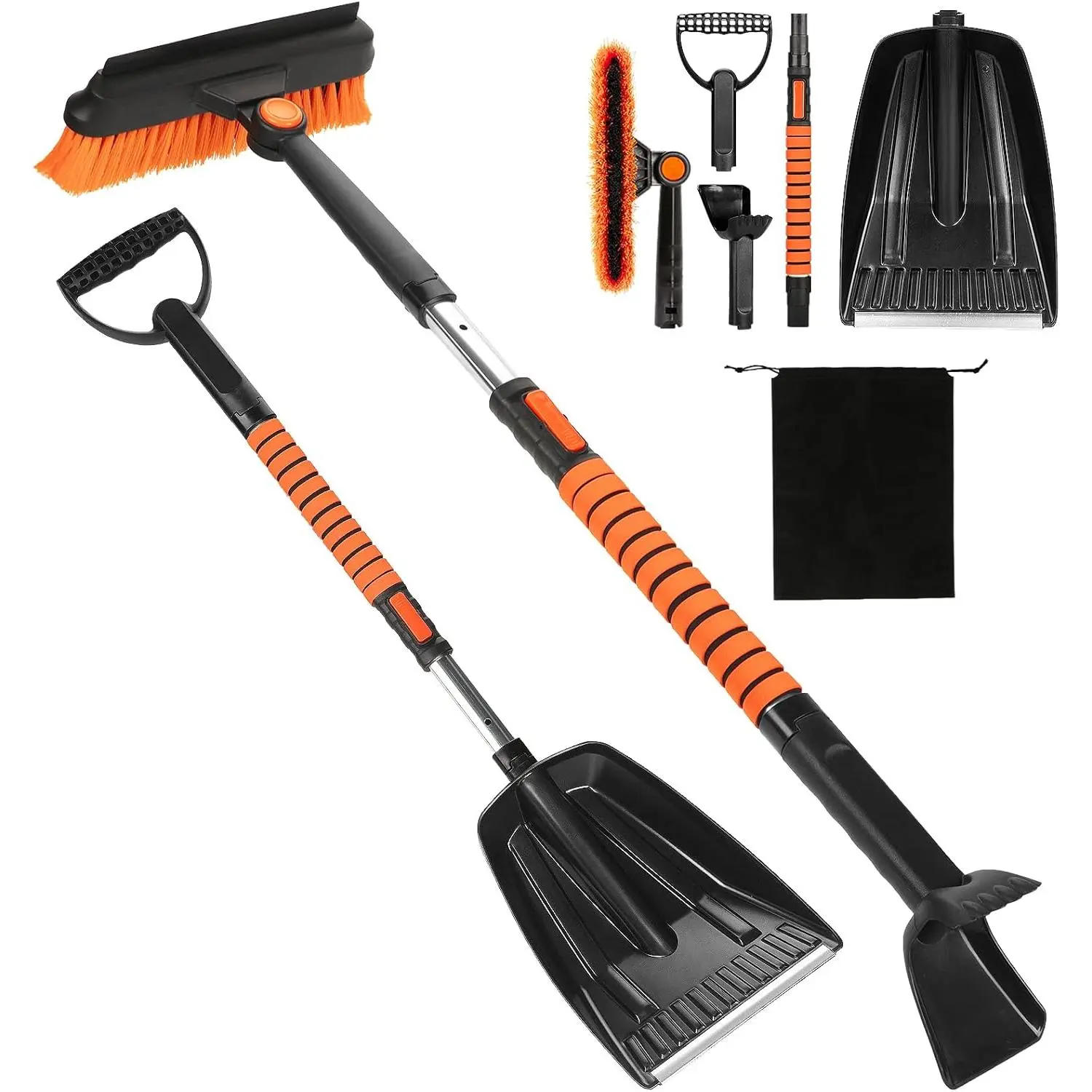 41-in Car Windshield Snow Brush & Shovel Kit - 5-in-1 Extendable Handle with 270° Rotating D-Handle, Double-Sided Ice Scraper, Foam Grip, Rubber Squeegee, Emergency Shovel, Convenient Storage Bag for Cars, Trucks, Rotates 270°, 270-Degree Rotating D-Handl