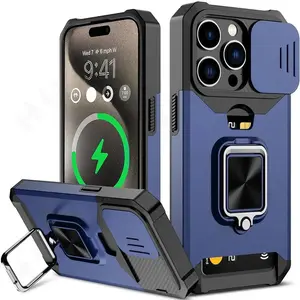 Fin Case For iPhone 17 16 15 14 13 12 11 Pro Max XS Plus Slide Camera Card Holder Slot Duty Wallet Protective With Ring Stand Cover