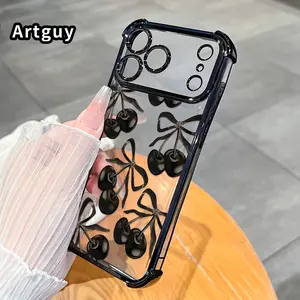 Black Cherry Pattern Four Corner Anti-Fall Phone Case Transparent Electroplated Protective Cover for iPhone 17 Pro Max 16 Air 15 Plus 14 13 12 11 E