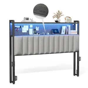 summervibes Karlhome Functional Queen Headboard with Built-in Pegboard, LED Strip & Power Outlet (Black/Light Grey/White/Green Chenille) Minimalist Platform Bed