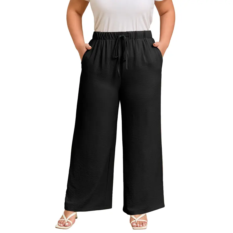 Eytino Womens Plus Size Pants Summer Elastic High Waist Drawstring Casual Loose Wide Leg Trousers Pants with Pockets(1X-8X)