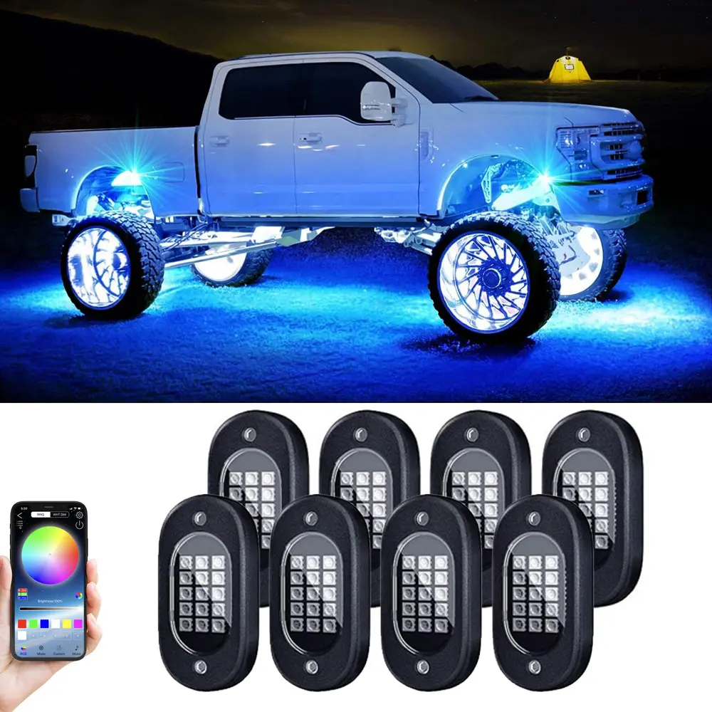 RGB Rock Lights 8-Pod Kit with Side Lights, Car Lighting, 12V Input, 118 Inches Plug-in Wires, Wide Angle, Neon Glow, Music Mode, IP68 Waterproof, App Control for Off-Road Trucks, UTV, ATV, Golf Cart