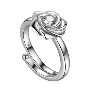 925 Silver Rose Zircon Flower Ring – Adjustable Open Band, Gift-Ready for Women Never-Fade Anniversary Gift Engagement Ring Exquisite Design