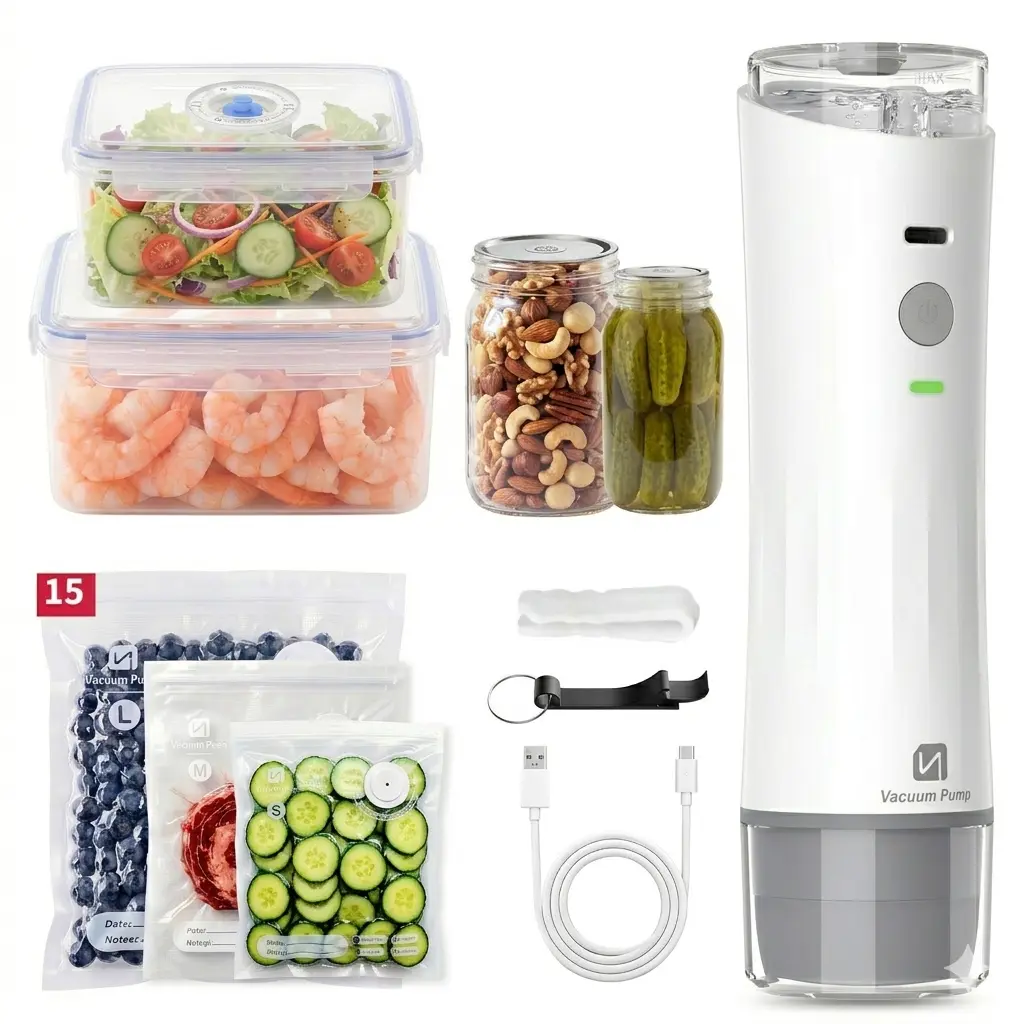 BRISSME Food Vacuum Sealer Machine Kit, 3-in-1 Portable Vacuum Pump with Strong Suction, Water-Resistant Food Saver Includes 15 Reusable Bags, 10 Mason Jar Lids & 2 Containers