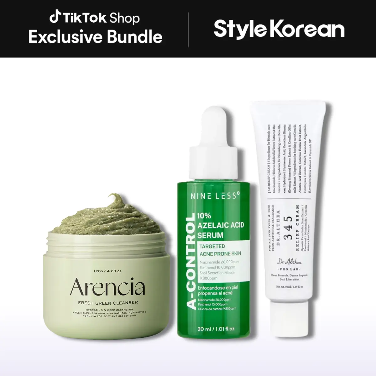[StyleKorean] The Acne Reset Set : 10% Azelaic Acid + Mochi Cleanser + 345 Barrier Recovery (3-Step Routine) - Arencia Fresh Green Rice Mochi Cleanser, Nineless A-Control Azelaic Acid Cream, Dr.Althea 345 Relief Cream